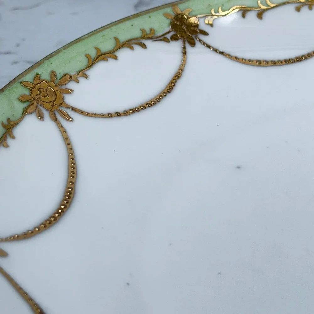 Antique Nippon Hand Painted Porcelain Cake Plate Gold Moriage Green Floral 10in
